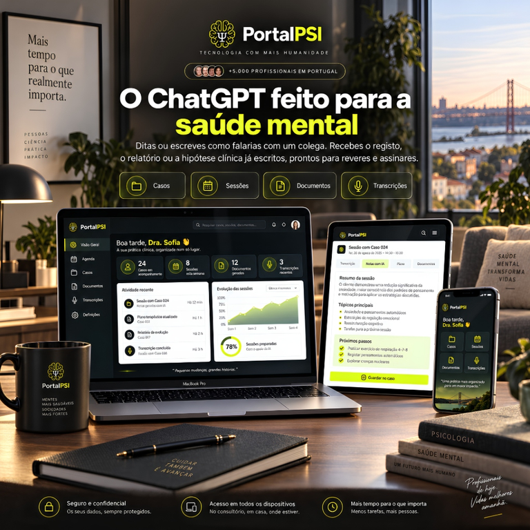 Interface do PortalPSI em computador portátil, tablet e telemóvel